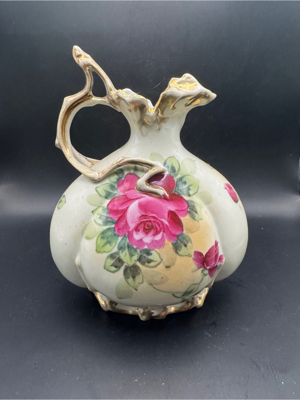 Nippon Floral Porcelain Pitcher with Pink Rose Design, Gold Detail, Vintage ~ 9”